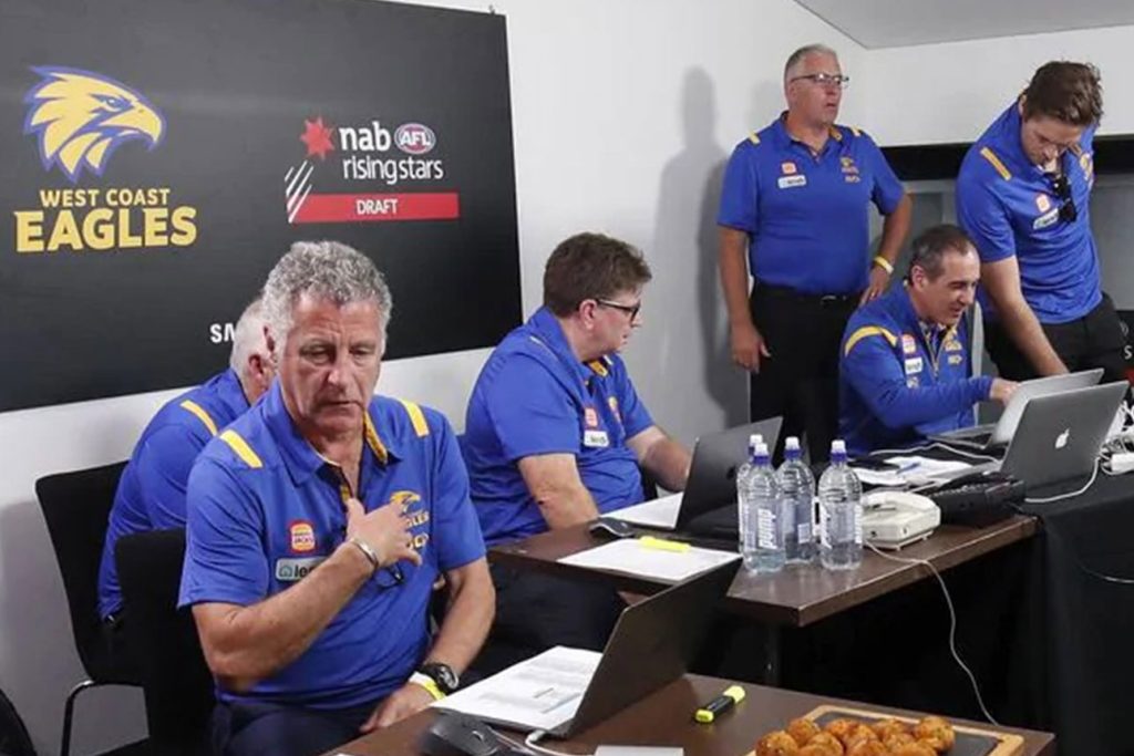 West Coast Eagles team at the AFL Draft for trade time