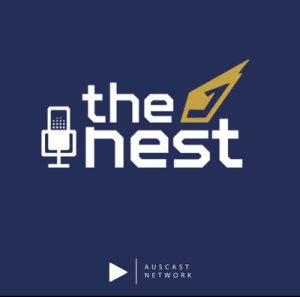 The Nest words with a microphone in the West Coast Eagles Colours Blue and Gold