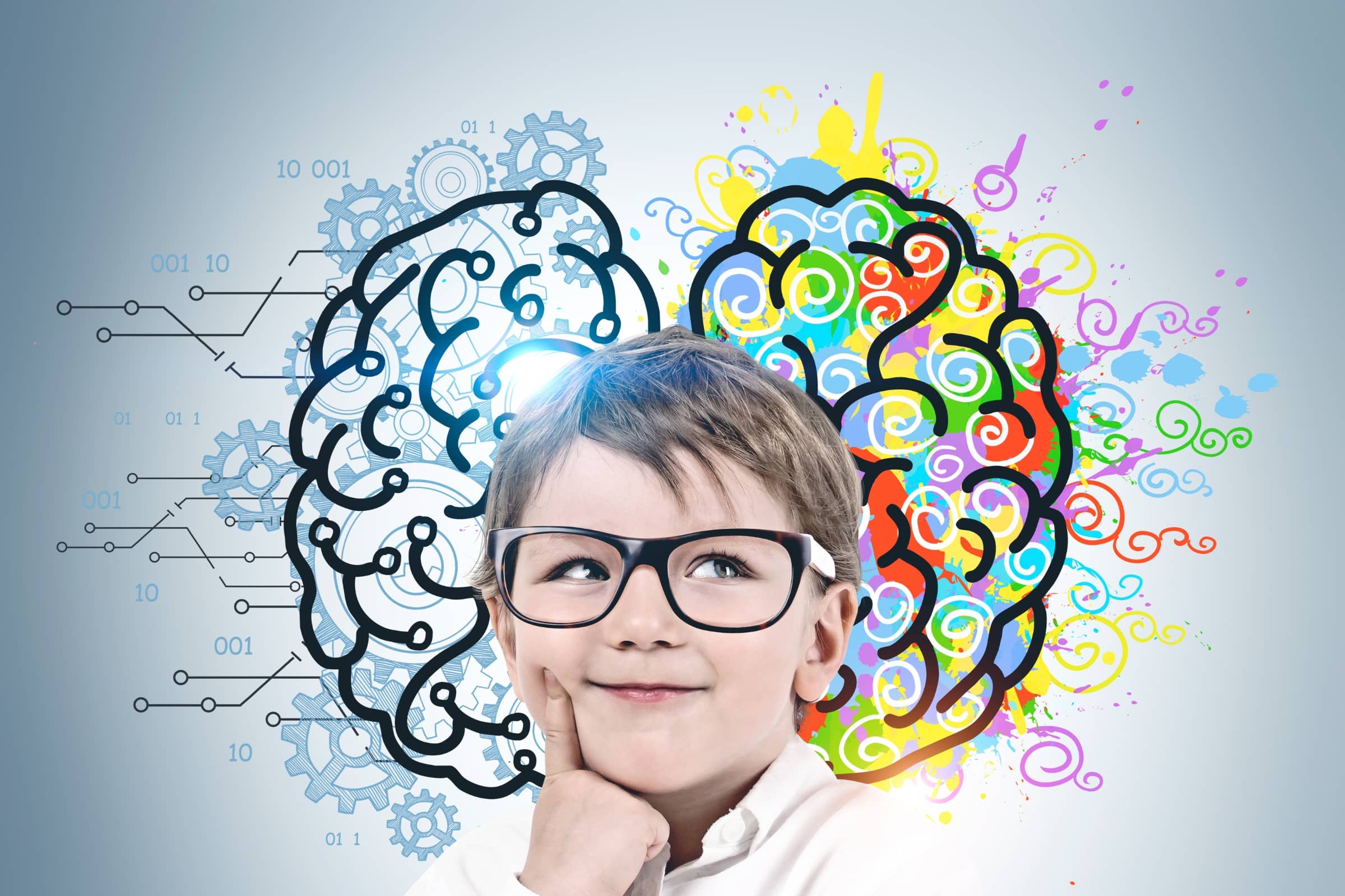 Child with glasses smiling thinking with brain graphic