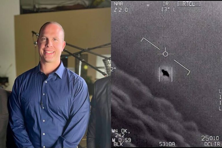 Former US intelligence officer, David Grusch- with a ufo video screenshot next to him