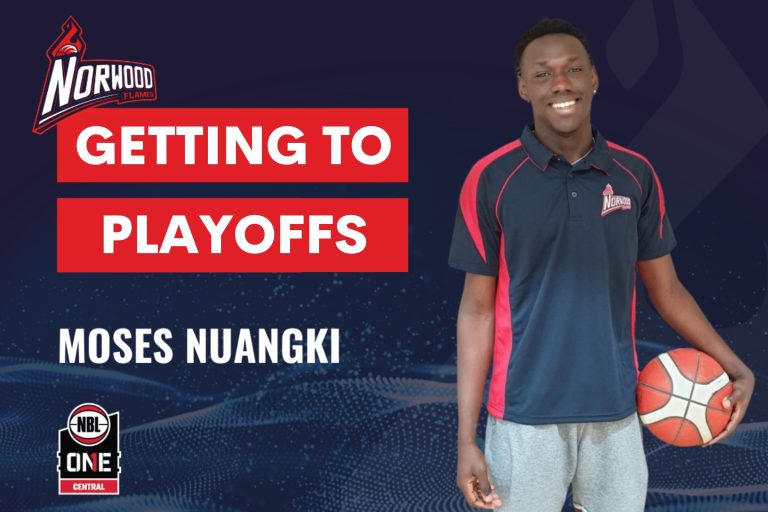 Moses Nuangki holding a basketball smiling and Norwood flames logo