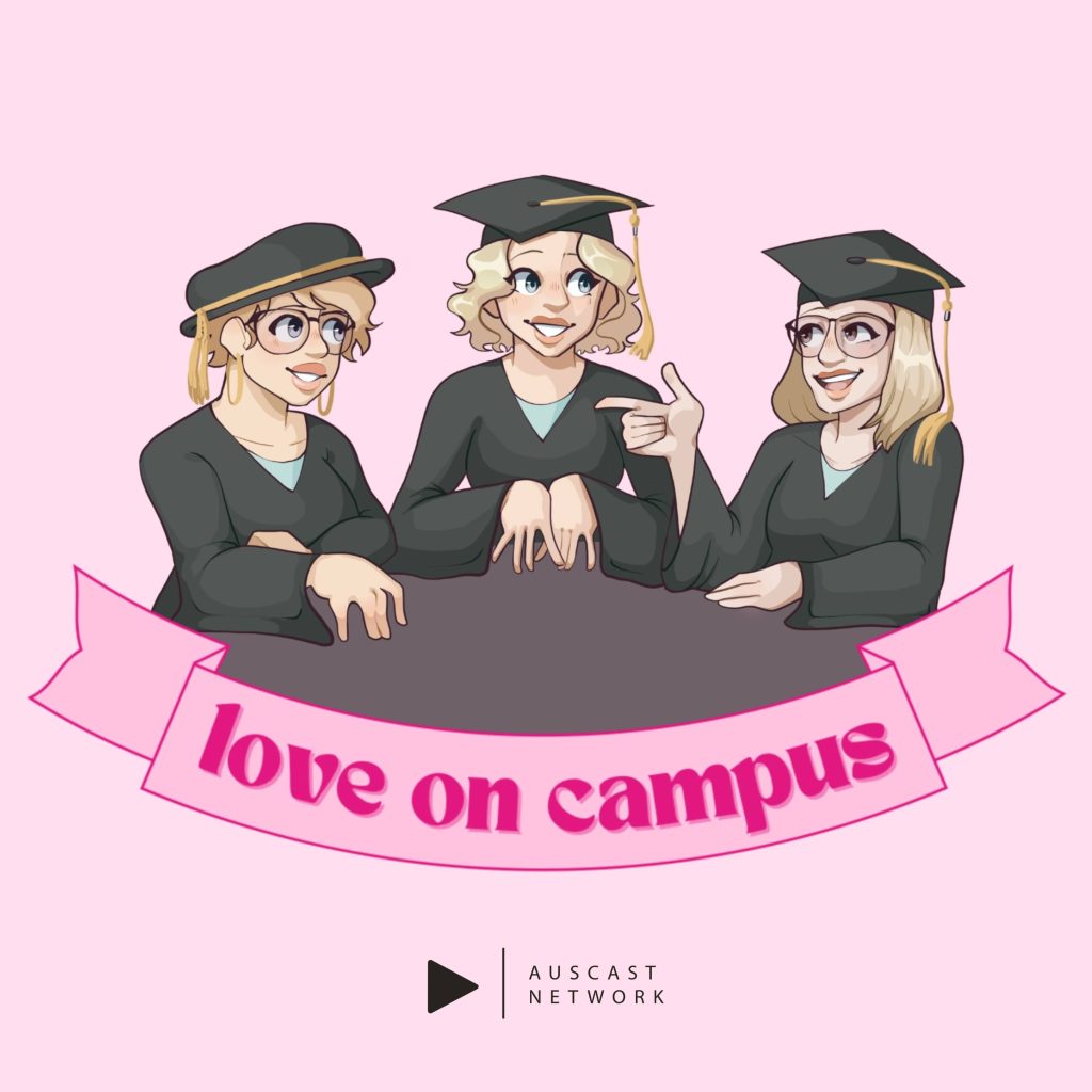 Love on campus text with the 3 ladies dressed in graduation costumes