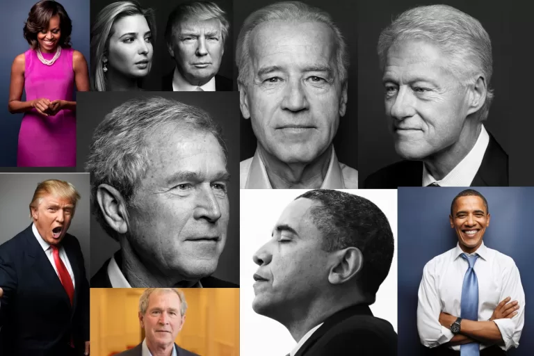 Black and White and colour pictures of the presidents and family memebers for the last 5 us presidents