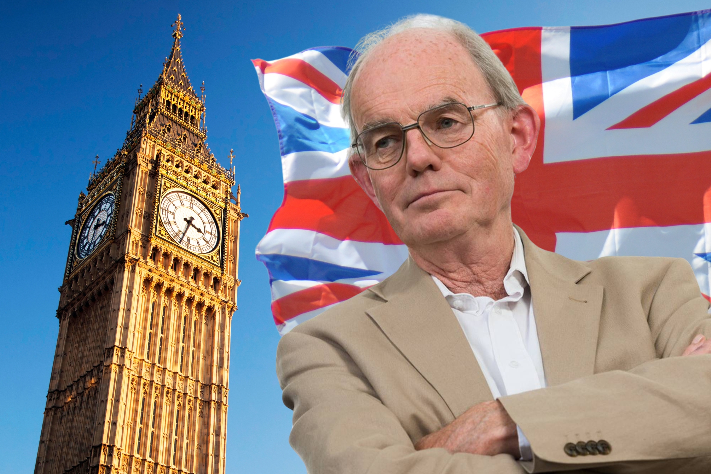 Chris Mullins with folded arms in front of the UK Flag and Big Ben