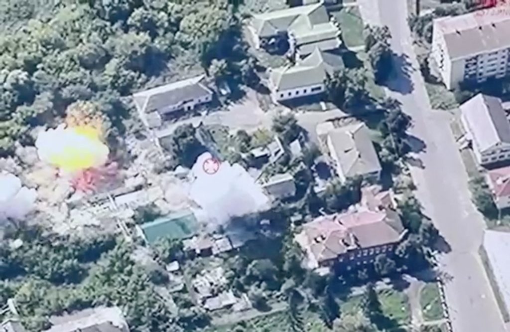 Smoke rises from explosions during a Ukrainian strike on Glushkovo, Kursk Region, Russia, in this still image obtained from video released August 21, 2024.