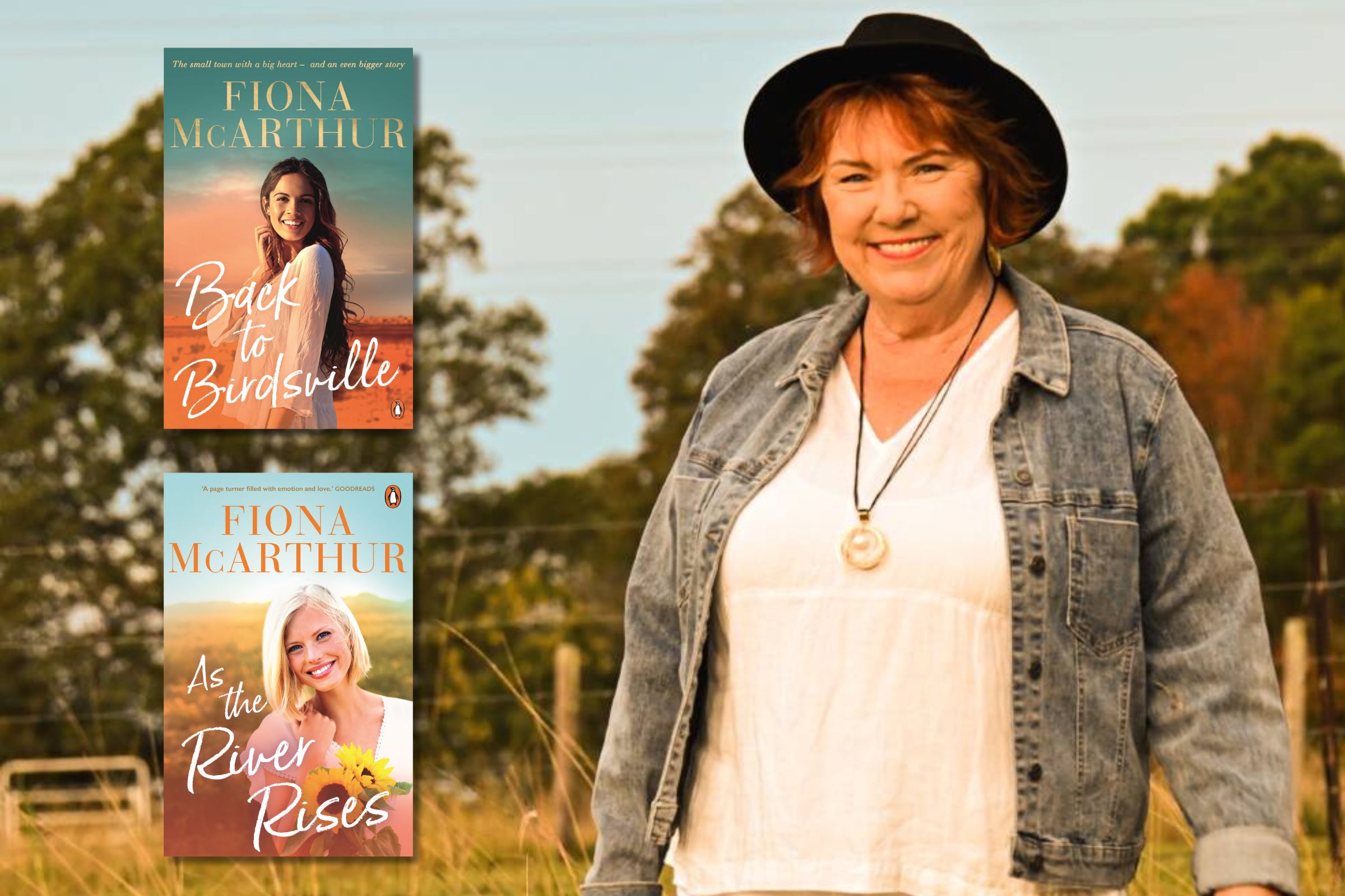 Fiona McArthur smiling with two of her novels to the left of her