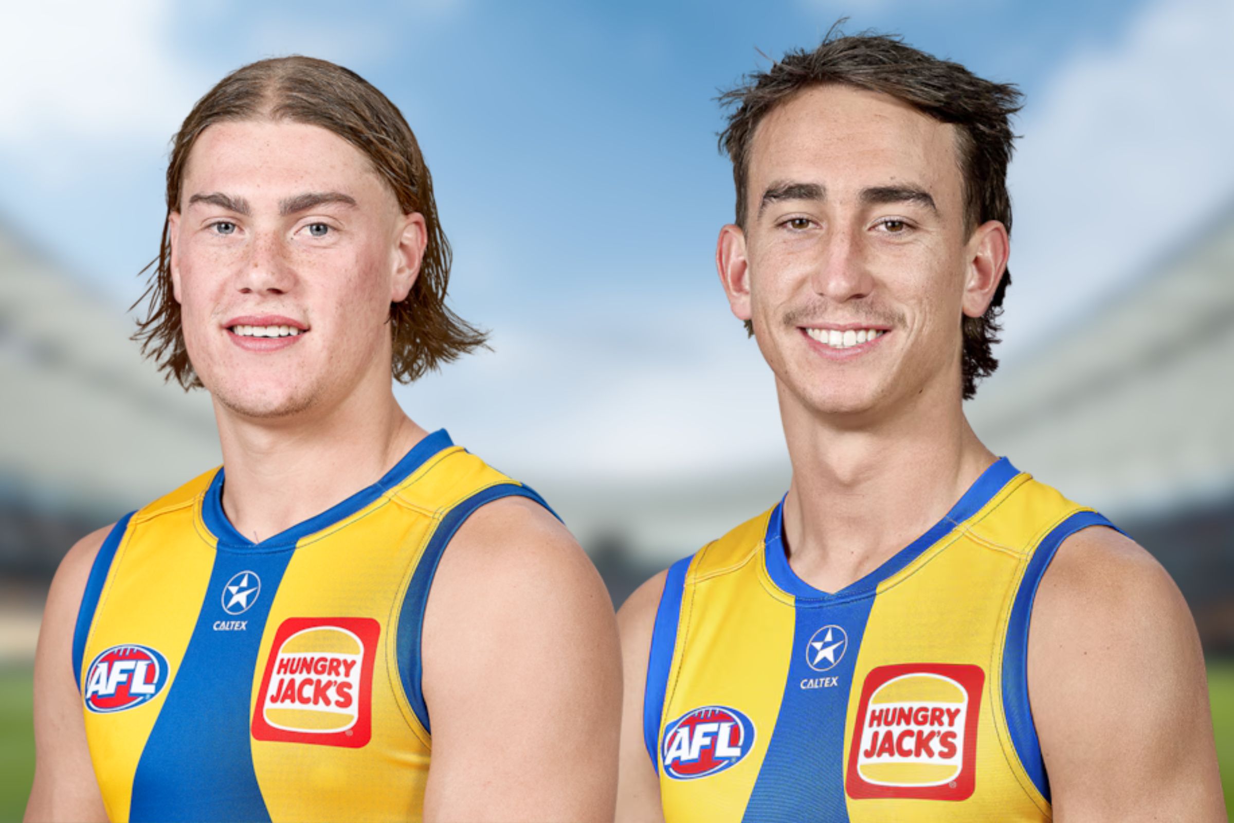 Harley Reid and Brady Hough in team uniform with a blurred background of a football oval