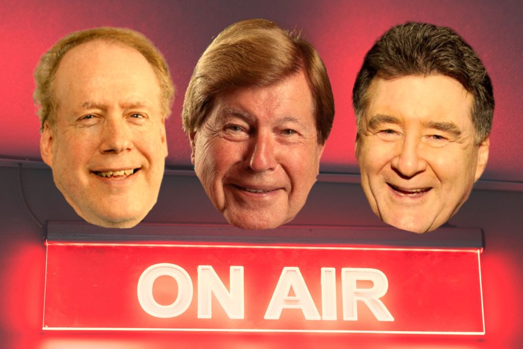 Leon Byner, Jeremy Cordeaux and Paul Makin heads about an on-air sign