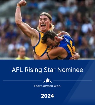 Harley Reid, 2024 AFL Rising Star Nominee badge. One of the stars