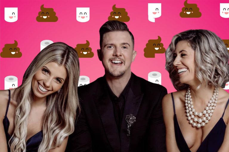 Two Brunettes and a Gay in front of a pink background with poop emojis