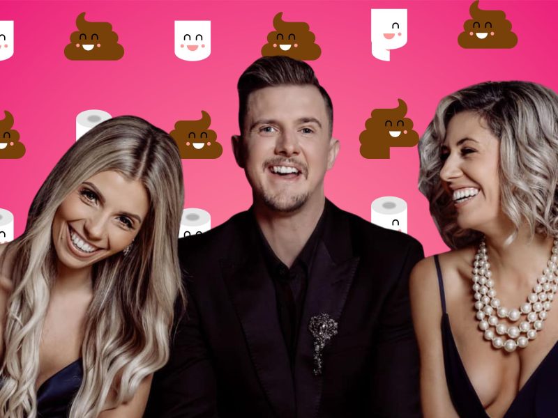 Two Brunettes and a Gay in front of a pink background with poop emojis