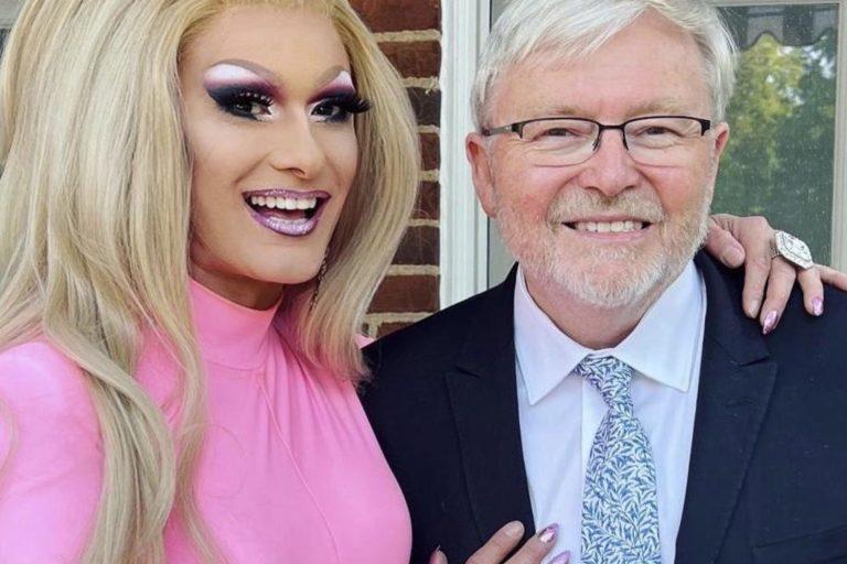 Kevin Rudd with Australian drag queen DJ Kitty Glitter, who was hired to perform at the Pride event. Picture: from Instagram