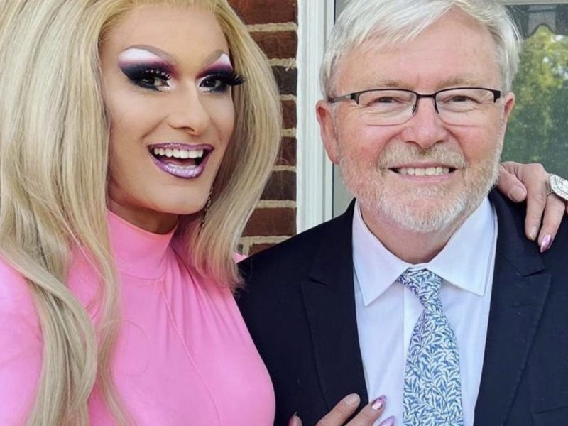 Kevin Rudd with Australian drag queen DJ Kitty Glitter, who was hired to perform at the Pride event. Picture: from Instagram