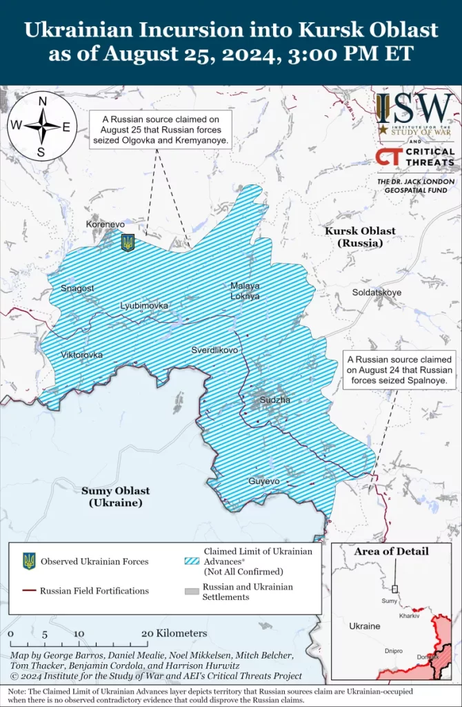 This map published Sunday by the Institute for the Study of War shows the battlefield situation around the Kursk region in Russia. Ukrainian forces are continuing to hold substantial territory in its surprise incursion into Russia.