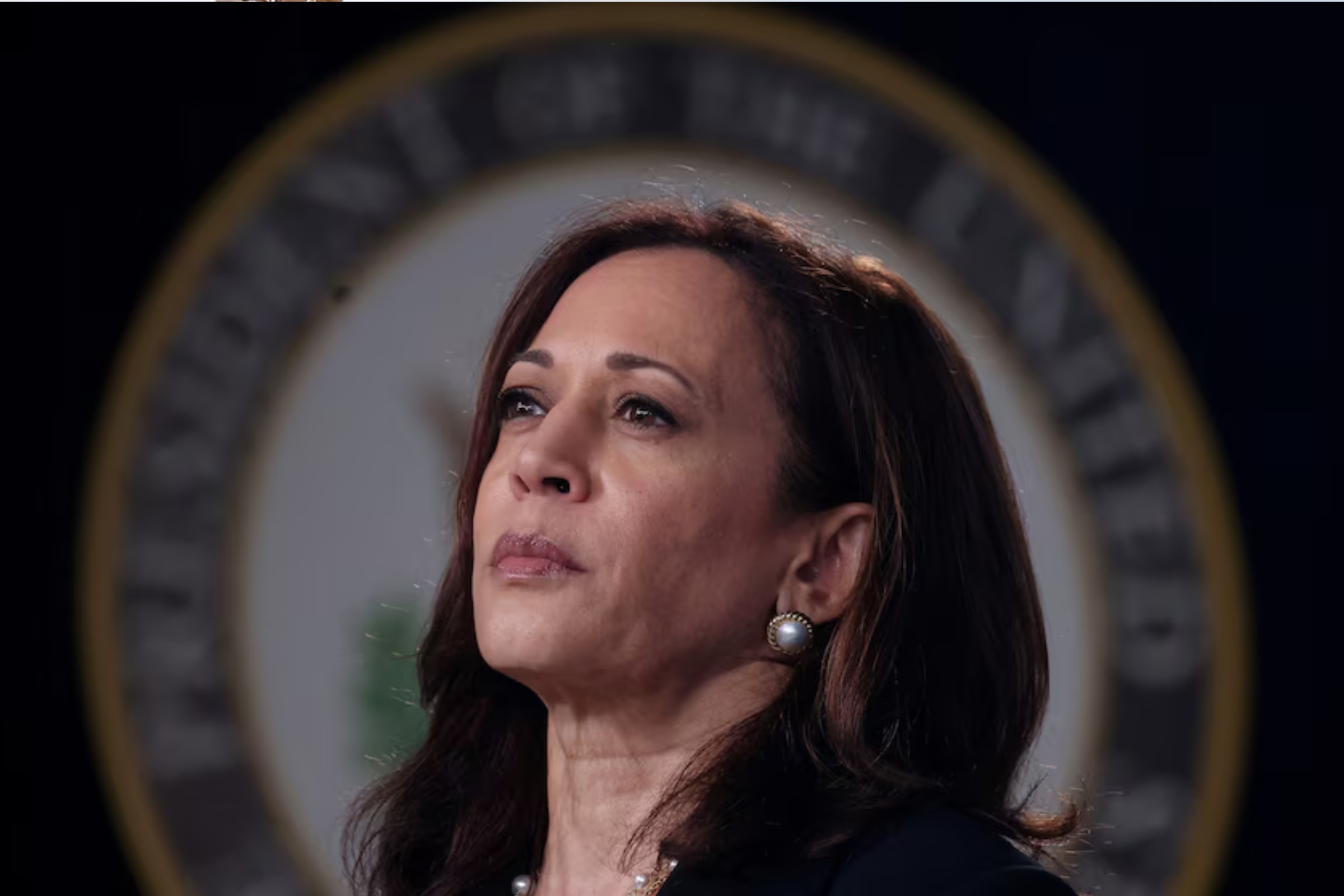 Kamala Harris looking up with the US shield behind her