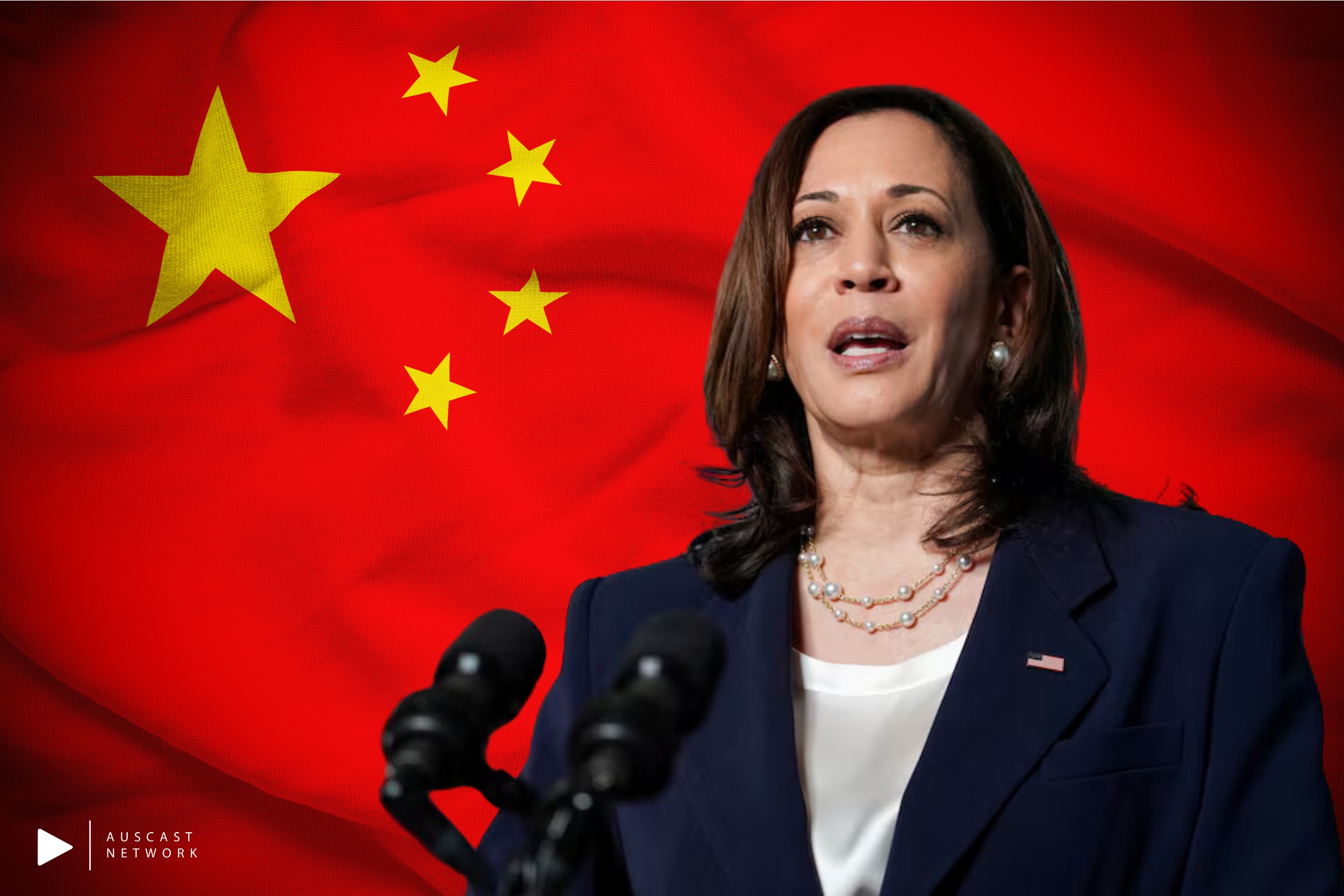 Kamala Harris with Chinese Flag behind her