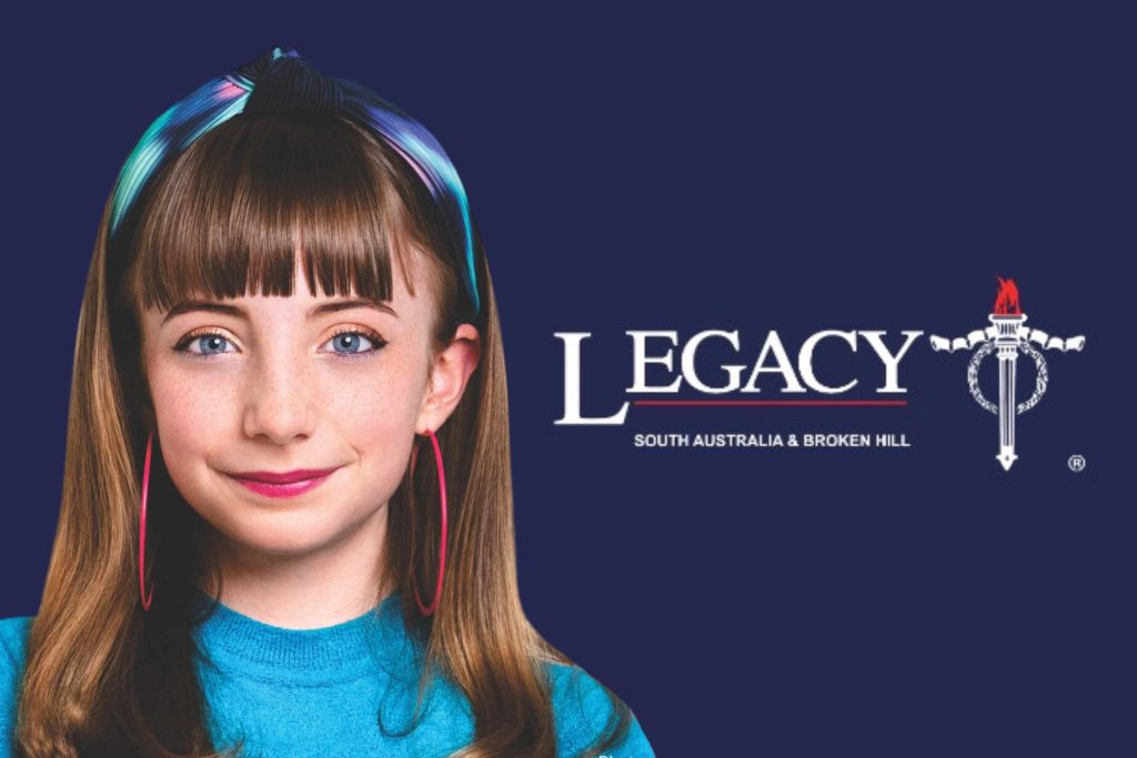 Isabella taylor's head shot with a dark blue background and the legacy logo